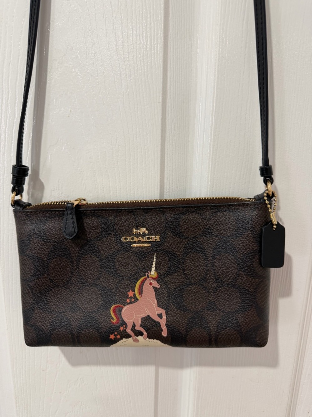 COACH Brown Signature Crossbody with Pink Unicorn Motif
